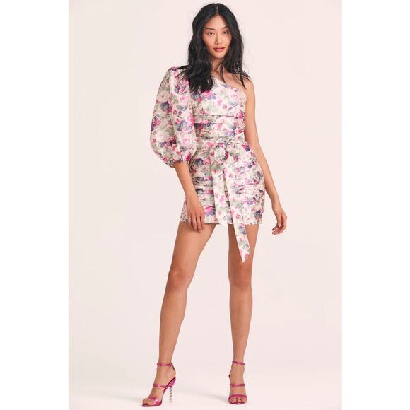 LoveShackFancy Altie Veiled Kiss Floral One Shoulder Puff Sleeve Mini Dress 4 - Picture 1 of 15